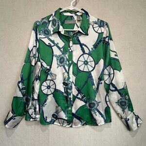 100% Silk Green Equestrian Horse Button Up Top Sz 10 Petite Liz Claiborne